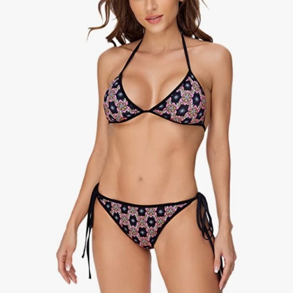 2 Piece Swimsuit Floral Print Halter Triangle Tie Side Bikini Set Bathing Suit